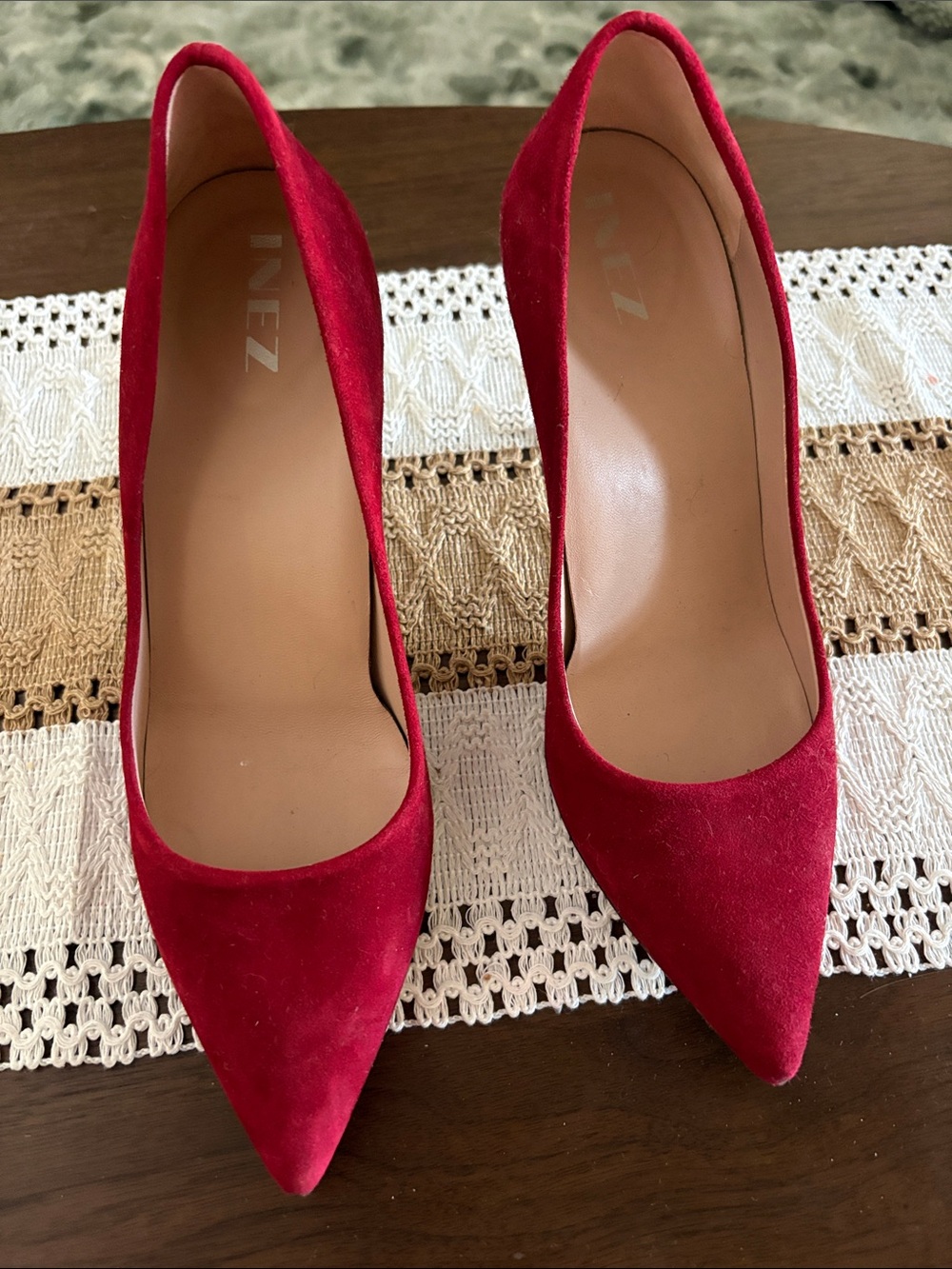 INEZ Red Suede Pointed-Toe Heels